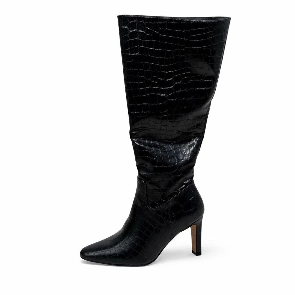 NA-KD Croc Embossed Knee High Boots Square Toe Heels Black Size 6.5 US